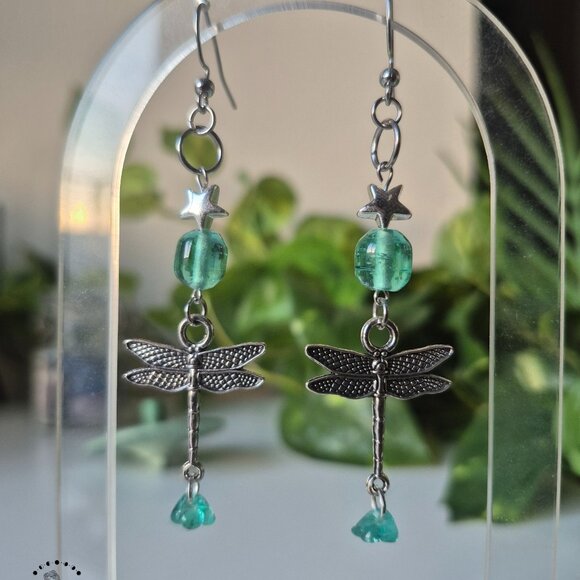 Turquoise Dragonfly Silver Dangle Earrings - Picture 3 of 8